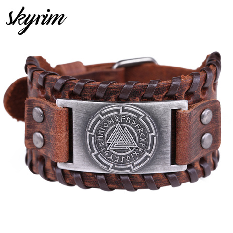 Skyrim Viking Valknut Leather Bracelet for Men Odin's Symbol Punk Retro Amulet Runes Nordic Cuff Bangle Pulseira Jewelry Gift ► Photo 1/6