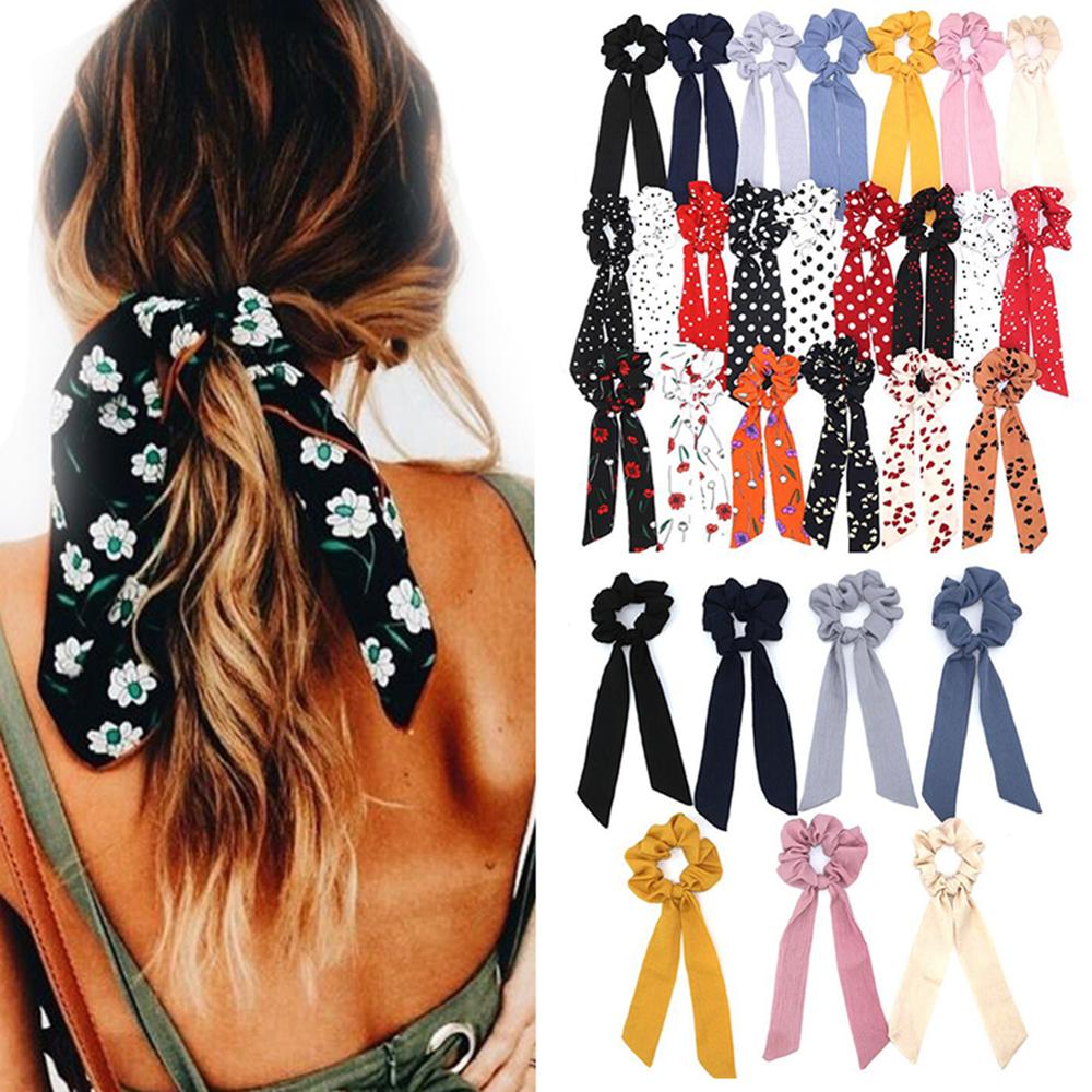 Scrunchies Women Elastic Hair Band Bow Dot Floral Scarf Hair Rubber Hair Ropes