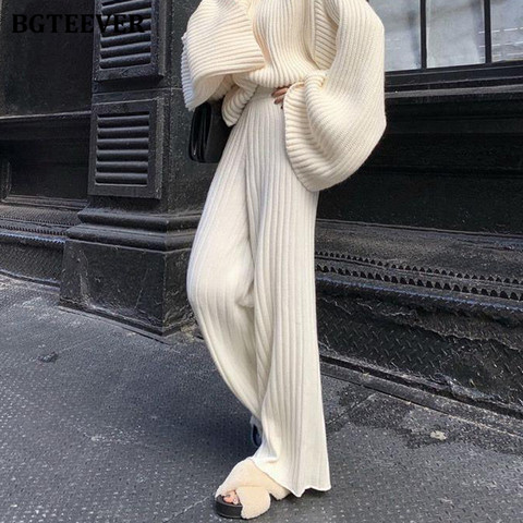 BGTEEVER Casual Warm Loose Floor-length Sweater Pants for Women Autumn Winter High Waist Wide Leg Knitted Trousers Femme 2022 ► Photo 1/6