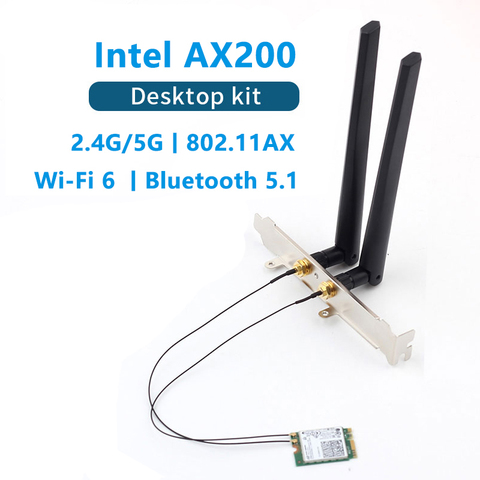 Dual band 3000Mbps Intel AX200 Wi-Fi 6 M.2 Desktop Kit 2.4G/5G Bluetooth 5.0 802.11ax/ac AX200NGW Wireless Card Adapter Antenna ► Photo 1/6