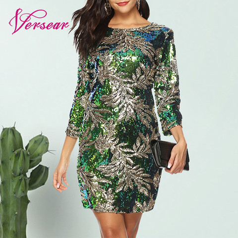 Versear Women Bodycon Dress Sequined Glitter Bling 3/4 Sleeves O Neck Evening Party Casual Mini Dress Elegant Streetwear Vestido ► Photo 1/6