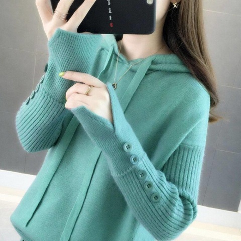 2022 new autumn winter hooded women sweater tops Korean loose pullover Knitwear Solid color casual Female short sweater coat ► Photo 1/5