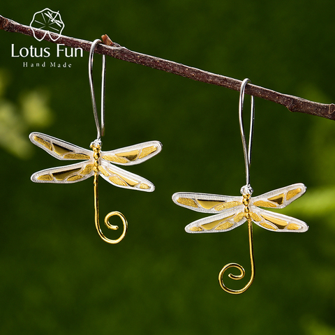 Lotus Fun Real 925 Sterling Silver Natural Style Handmade Fine Jewelry 18K Gold Cute Dragonfly Drop Earrings for Women Brincos ► Photo 1/6