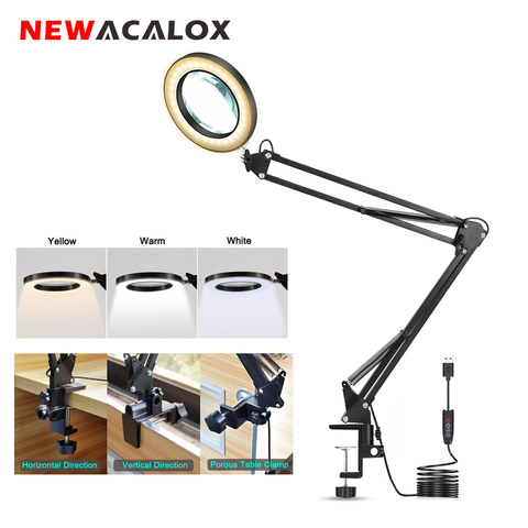 NEWACALOX Folding USB 5X Magnifying Glass 3 Colors LED Illuminated Magnifier Table Clamp Reading Soldering Loupe Third Hand Tool ► Photo 1/6