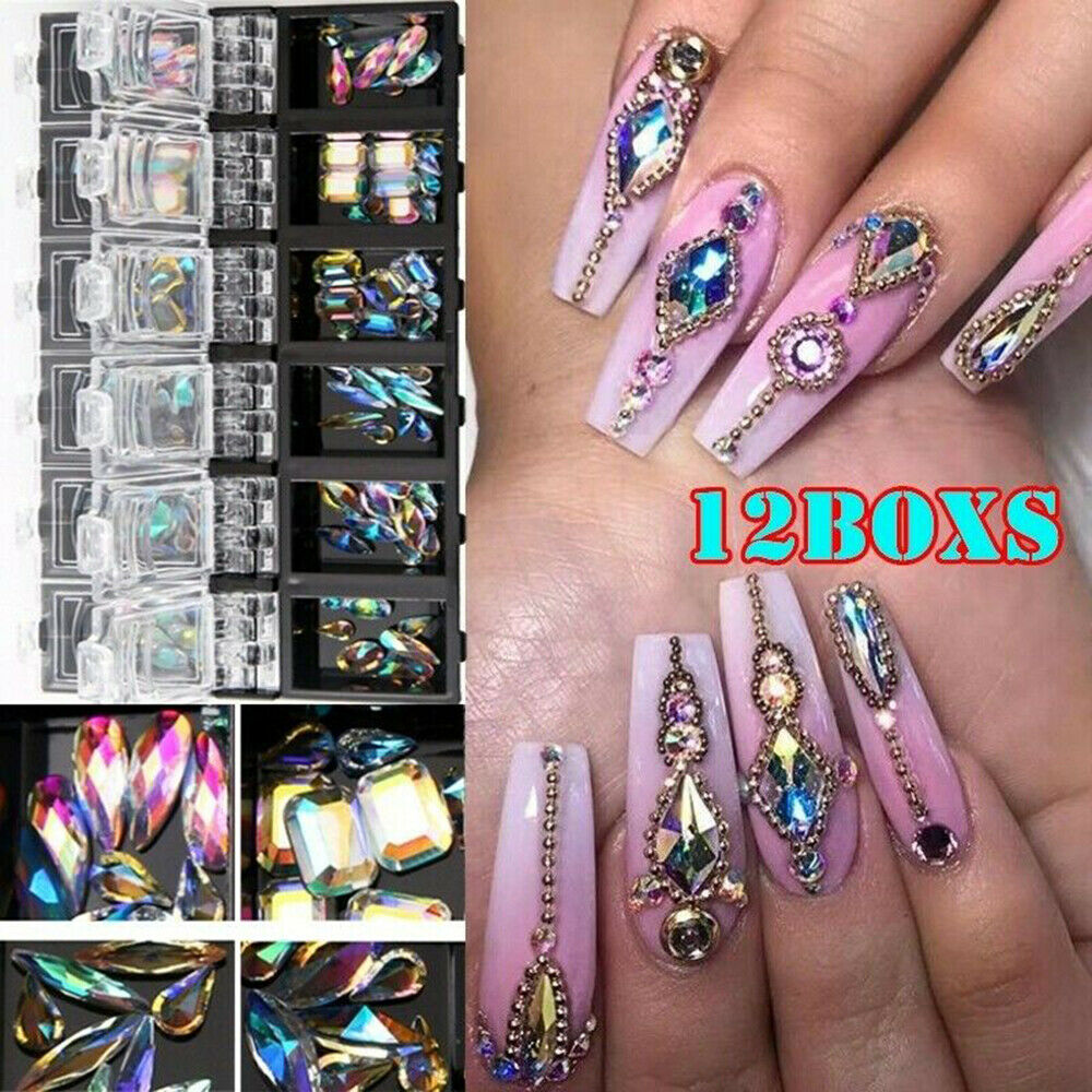 3D AB Diamond Gems Nail Glitter Rhinestone Glass 12 Grids Crystal