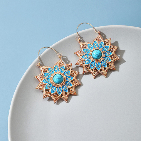 Gypsy Jewelry Ethnic Gold Color Flower Dangle Earrings Vintage Blue Dripping Oil Stone Beads Ladies Earrings ► Photo 1/6