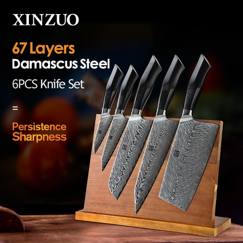 XINZUO 6Pcs Damascus Steel Knives Set Natural Acacia Wood Magnetic Knife Holder Japanese Forged Damascus Steel Knife G10 Handle ► Photo 1/1