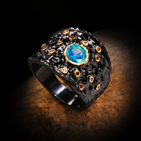 Personality Luxury Exaggerated Blue Zircon Irregular Shape Ladies Ring Banquet Jewelry Black Gold Style Birthday Gift ► Photo 1/5