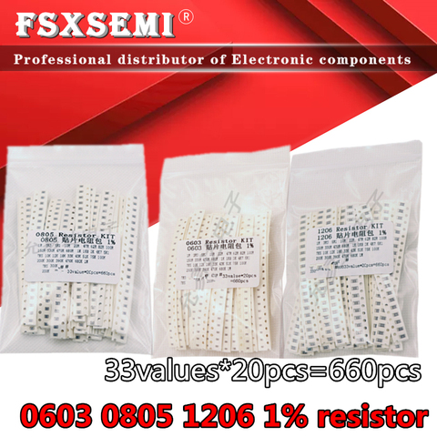 33values X20pcs=660pcs 0603 0805 1206 SMD Resistor Kit Assorted Kit 1R 1ohm-1M ohm 1% Sample Kit New 1K 10K 100K 200K 680R ► Photo 1/3