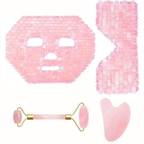 Rose Quartz Jade Eye Mask Face Massage Roller Guasha Board Gouache Scraper Natural Stone Cold Therapy Face Mask Facial Massager ► Photo 1/6