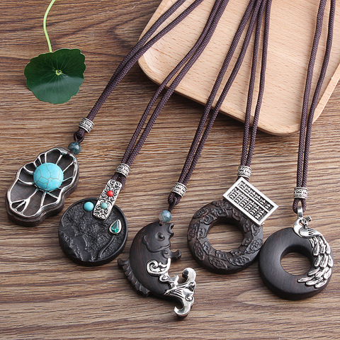 Ethnic Unique Jewelry Vintage Sandalwood Necklace Cotton and Linen Rope Ocean Pendant Necklace Unisex Accessories ► Photo 1/6