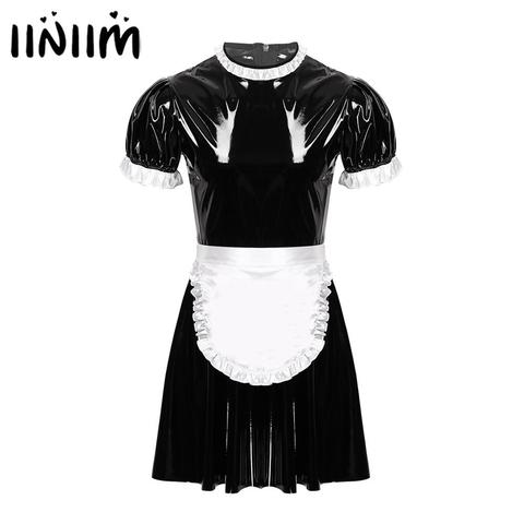 NEW Mens Male Sissy Maid Dress Cosplay Costume Clubwear Puff Sleeve Wetlook Latex Maid Servant Uniform Flared Dress with Apron ► Photo 1/6