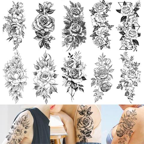 Buy Online Flower Rose Temporary Tattoos For Women Waterproof Fake Body Art Arm Sketch Tattoo Stickers Shoulder Arm Leaf Tatoo For Adults Alitools