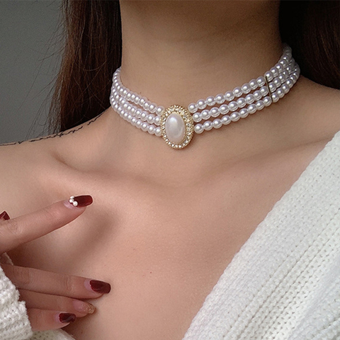 Elegant Baroque Red Heart Three Strands Collar Planet Choker Pearl Necklace for Women Wedding Vintage Gifts Party Jewelry 0588W ► Photo 1/6