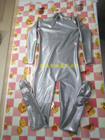 Sexy Men's Silver Neck Entry Full Body Latex Rubber Gummi Catsuit Stretching Custom Made ► Photo 1/3