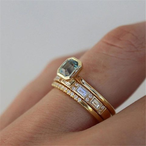 3pcs Acid Blue Crystal Rings for Women Fashion Yellow Gold Color Wedding Women's Ring Luxury Brand Jewelry Gifts Accessories ► Photo 1/5