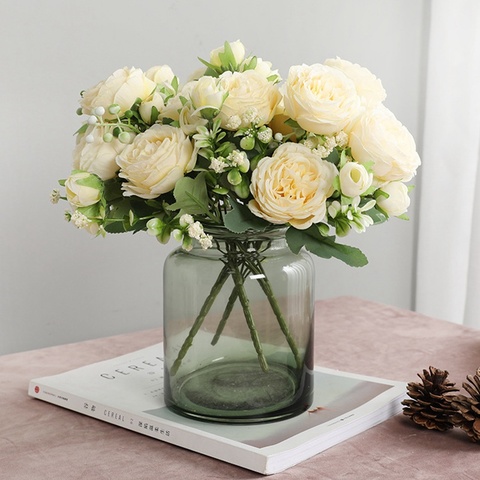 Beautiful Rose Peony Artificial Silk Flowers Small White Bouquet Vases for Home Party Winter Wedding Decoration White Fake Plant ► Photo 1/6