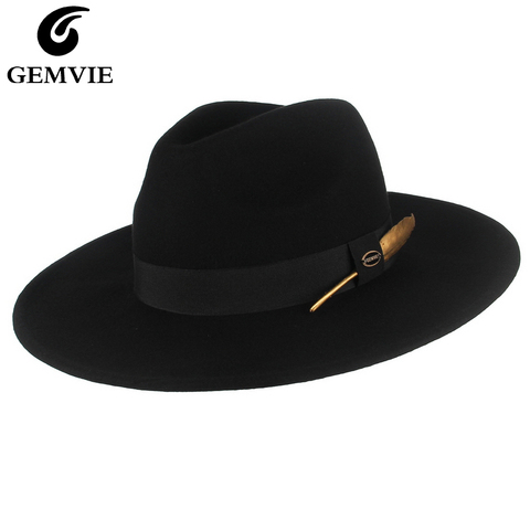 GEMVIE New 100% Wool Felt Hat 3 colors Stiff Wide Brim Fedora For Man/Women Striped Feather Band Autumn Winter Panama Jazz Cap ► Photo 1/6