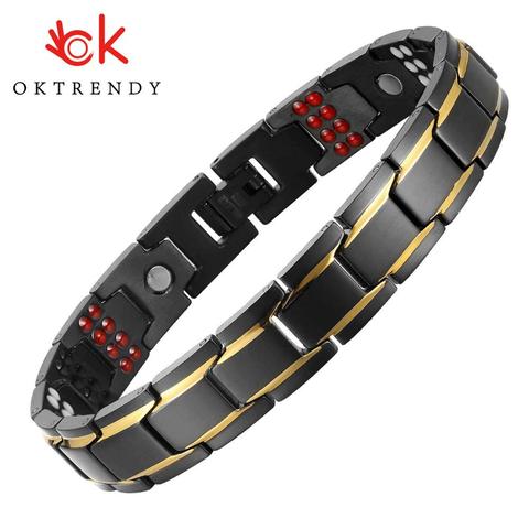 Mens Black Bracelet Gold Color Health Energy Germanium Stainless Steel Bracelet 4 IN 1 Magnetic Health Bracelets for Men Jewelry ► Photo 1/6