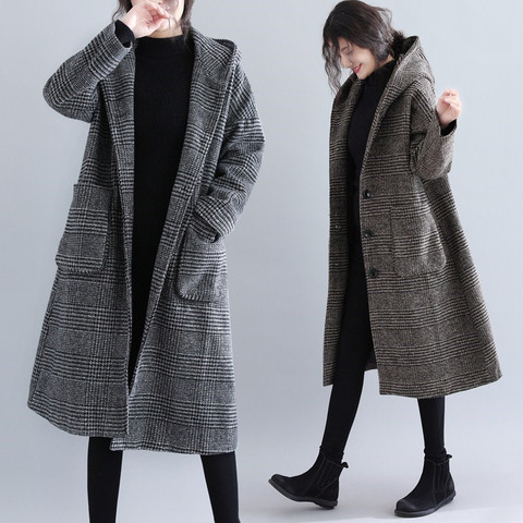2022 Vintage Autumn Winter Plaid Woolen Coats New Large Size Fashion Loose Hooded Long Coat Women Jackets Female Outerwear V1094 ► Photo 1/6