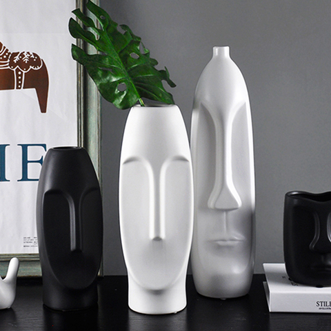 Nordic Minimalist Ceramic Abstract Vase Black and White Human Face Creative Display Room Decorative Figue Crafts Head Shape Vase ► Photo 1/6