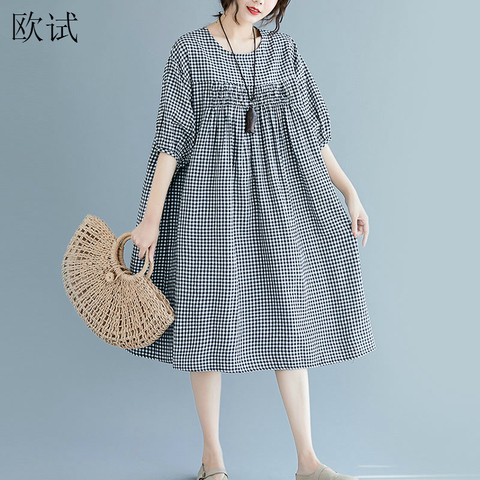 Plus Size Dresses for Women 4XL 5XL 6XL 7XL Plaid Vintage Summer Cotton Linen Woman Dress Casual Cotton Ladies Midi Dress 2022 ► Photo 1/6