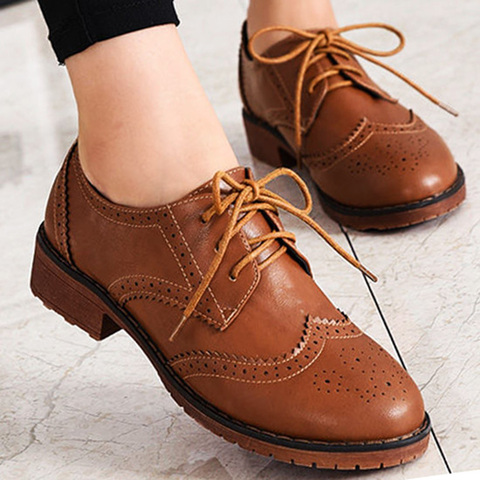 LIHUAMAO PU leather oxford shoes for women flats lace up round toe derby sneaker office lady party casual shoes slip on loafers ► Photo 1/6