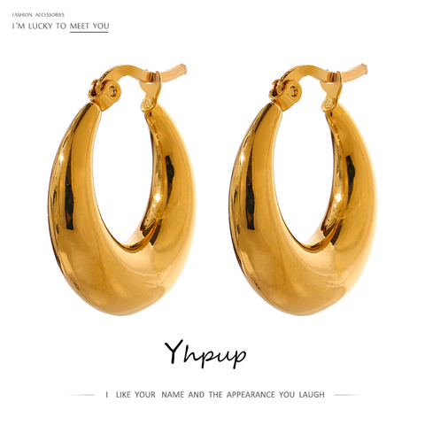 Yhpup Statement Stainless Steel Geometric Hoop Earrings Jewelry for Women Trendy Metal Texture 18 K Earrings Golden Accessories ► Photo 1/6