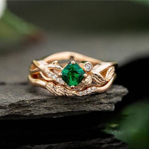 Huitan Romantic Irregular Plant Rings With Gepmetric Green Cubic Zircon Stone Fresh Leaves Band Design Engagement Rings Hot ► Photo 1/6