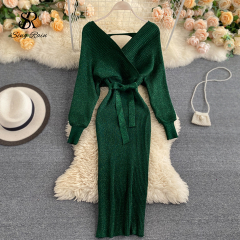 SINGRAIN Women Shiny Knitted Dress Sexy V Neck Puff Sleeve Elastic Sheath Knitting Dress Autumn Solid Bow Sashes Pencil Dress ► Photo 1/6