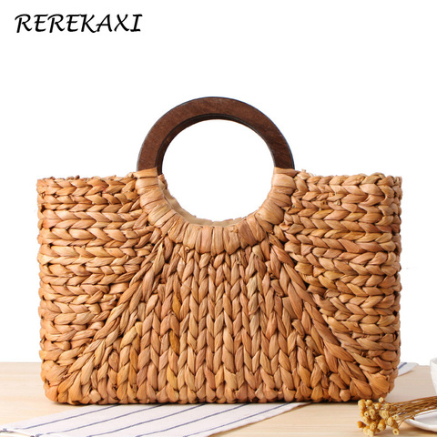 Bohemian Women Handbag Handmade Natural Straw Bag Weaving Summer Beach Bags Round Wooden Handle Female Tote Bag Basket ► Photo 1/6