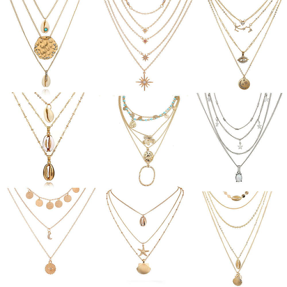 Boho Women Multi-layer Gold Silver Chain Pendant Crystal Choker Necklace Jewelry 