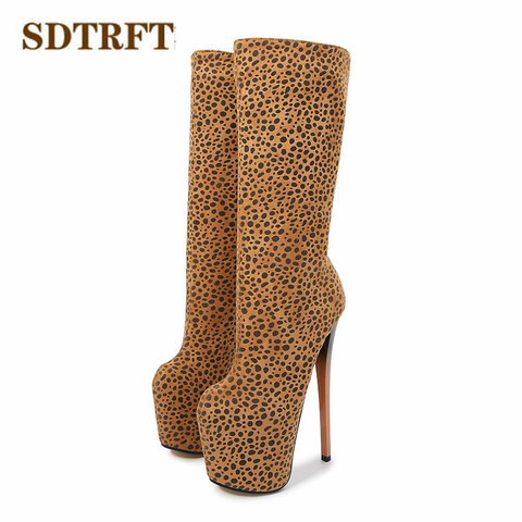 SDTRFT pole dancing 20cm thin heels Stiletto Leopard Knee-high boots platform women pumps ladies shoes Plus:34-46 47 48 49 50 ► Photo 1/6