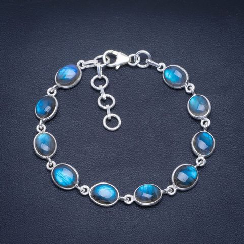 Natural Blue Fire Labradorite Handmade Unique 925 Sterling Silver Bracelet 7-8