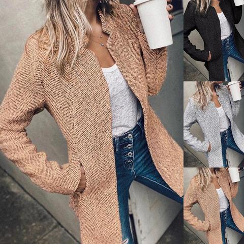 Autumn Winter Women Open Front Thick Slim Coat Mid-length Faux Wool Stand Collar Long Sleeve Jacket Black Khaki Female Outwear ► Photo 1/1