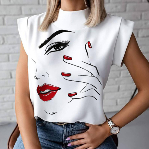 Fashion Women Elegant Lips Print Tops and Blouse Shirts 2022 Summer Ladies Office Casual Stand Neck Pullovers Eye Blusa Tops ► Photo 1/4