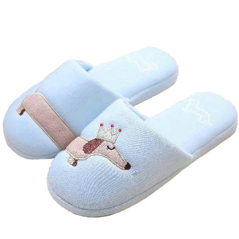 Drop shipping Women's Fuzzy Pink and light blue dog plush cotton Slippers slip on Dachshund plush slippers ► Photo 1/6