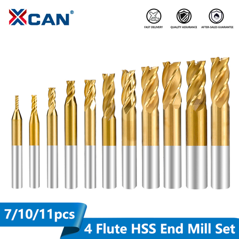 XCAN Milling Cutter 7 10 11pcs 1.5-12mm HSS End Mill Titanium Coated CNC Router Bit 4 Flute Milling Bit ► Photo 1/6
