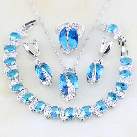 925 Silver Jewelry Sets Trendy Sky Blue White Cubic Zirconia for Women Wedding Earring/Pendant/Necklace/Bracelet/Ring ► Photo 1/6