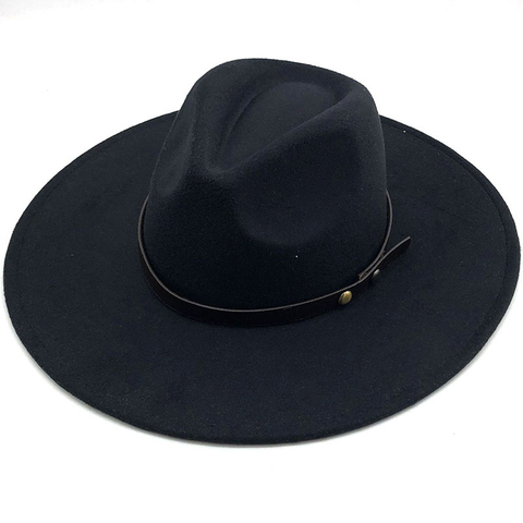 HOT Men Women Wide Big Brim Wool Felt Fedora Panama Hat with Belt Buckle Jazz Trilby Cap Party Formal Top Hat In gray,black ► Photo 1/6
