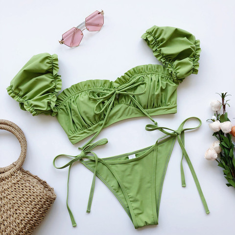 Sexy Micro Bikini Short Sleeve Solid Green Leopard Push Up Padded Pleat Swimsuit Women Bathing Suit Lace Up Bandage Swimwear ► Photo 1/5