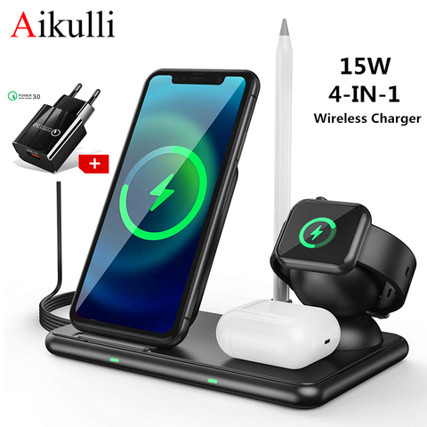 Wireless Charger Station 15W Fast Wireless Charging Dock 4 in 1 for iPhone 12 11 Pro XR XS X Apple Watch 6 5 4 3 Airpods Pencil ► Photo 1/6
