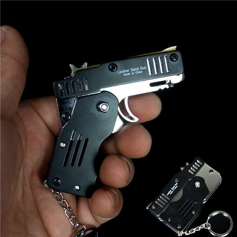 Mini Folding Key Chain Rubber Band Gun Six Bursts Metal Guns Shooting Toy Gifts 