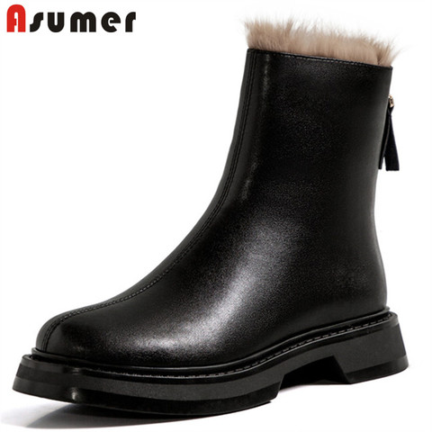 Asumer 2022 Big Size 34-43 Genuine Leather Shoes Women Winter Snow Boots Round Toe Zipper Low Heel Casual Ankle Boots Women ► Photo 1/6
