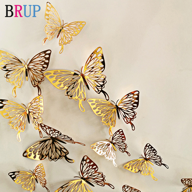 12pcs 3D Butterfly Wall Stickers Hollow Paper Decals Gold Silver Home Decoration 