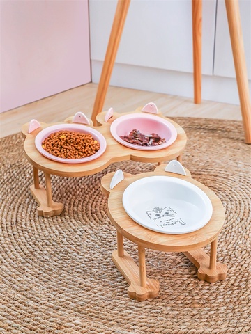 Ceramics Puppy Cat Dog Pet Single And Double Food Bowl For Eating And Drinking With Wooden Frame Pets Supplies Feeding Dish ► Photo 1/5