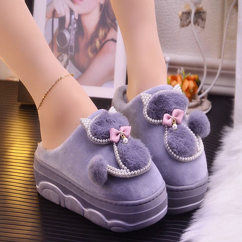 2022 New Arrival Girls Ins Cat Slippers Female Platform Fur Slides Increase 5 cm Rhinestone Shoes Woman House Slippers ► Photo 1/6