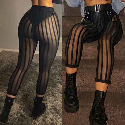 Hot Sexy Mesh Striped Leggings Women Striped Mesh Perspective Pants Knee Length Slim Trousers Club Wear ► Photo 1/6