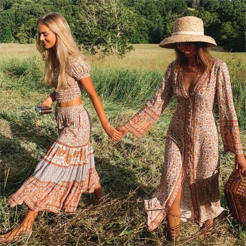 Green/Red Bohemian Beach Long  Women Button V-neck Long Flared Sleeves Autumn Dress Boho Hippie Chic Maxi Dress Vestidos 2022 ► Photo 1/6