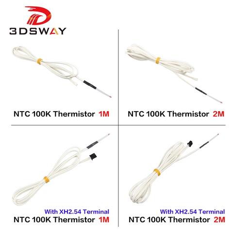 3DSWAY 3D Printer Part 1M/2M 100K ohm NTC Glass Sealed Thermistor Temperature Sensor B3950 with Cable XH2.54 Terminal 1pc ► Photo 1/6